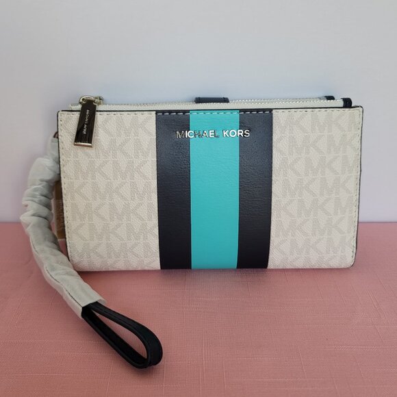MICHAEL KORS Jet Set Double Zip Signature Phone Wristlet-Ocean Blue Mult 🎈$108⭐ - Picture 6 of 16